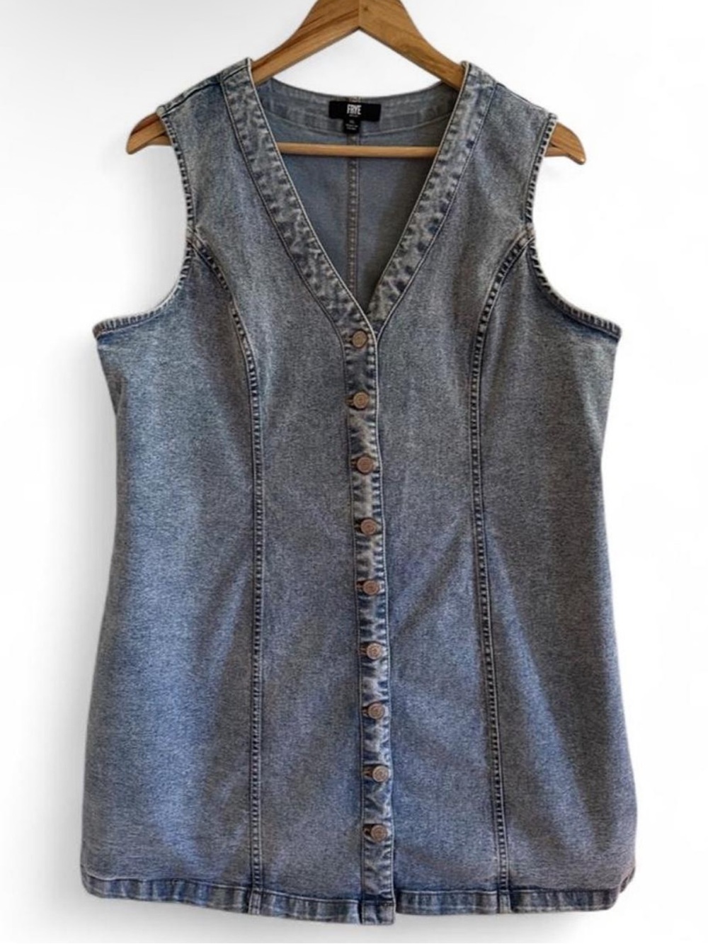 Frye XL Light Wash Stretch Denim Button Front Mini Dress Preppy 90s Minimalist - Picture 2 of 8